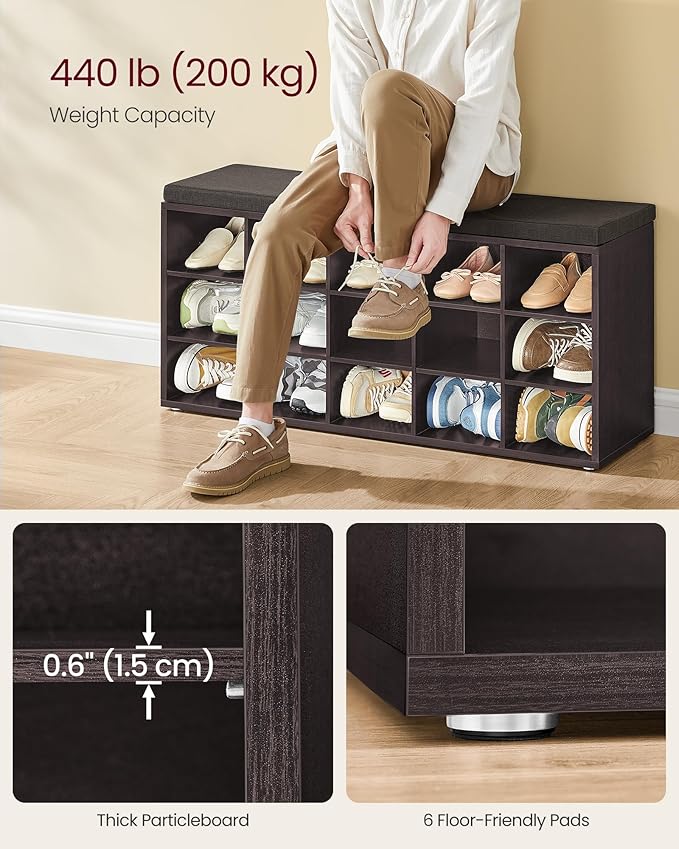 VASAGLE CUSTOS Collection - Shoe Bench, Storage Bench with Padded Seat, Entryway Bench with 15 Compartments, for Bedroom, 11.8 x 41.3 x 18.9 Inches, Espresso Brown and Chestnut Brown ULHS15BR