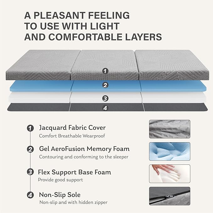 Tri-Fold Memory Foam Mattress, 6 inch Full Folding Topper with Collapsible and Washable Cover, Travel and Guest Mat, 75"×54"×6", Grey