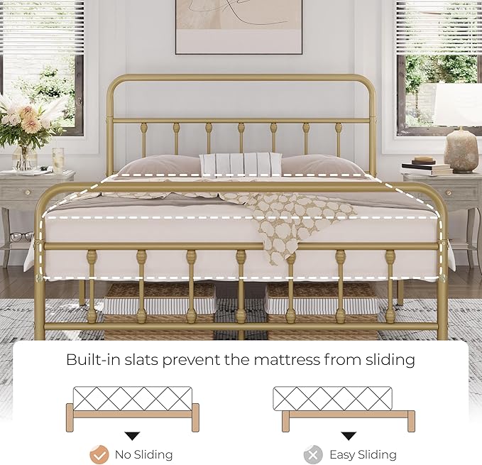 Yaheetech Classic Metal Platform Bed Frame Mattress Foundation with Victorian Style Iron-Art Headboard/Footboard/Under Bed Storage No Box Spring Needed Full Size Antique Gold