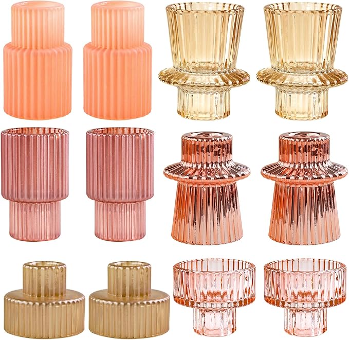 Pink Candlestick Holders 12PCS Ribbed Glass Taper Candle Holders Set for Tealight Candlestick Candles, Table Centerpieces for Weddings Christmas Home Decor Indoor and Outdoor