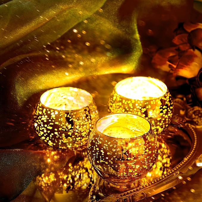 Rtteri 24 Set Votive Candle Holders Wedding Centerpiece Table Decorations Speckled Mercury Glass Votive Candle Holders with Tea Lights Birthday Party Decorations for Home (Gold)