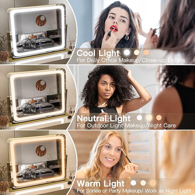 FENNIO Gold Vanity Mirror with Lights 22"x19", LED Lighted Makeup Mirror, Large Makeup Mirror, Make up Mirror with Lighting,Touch Screen with 3-Color Lighting,Dimmable,for Vanity Desk Tabletop