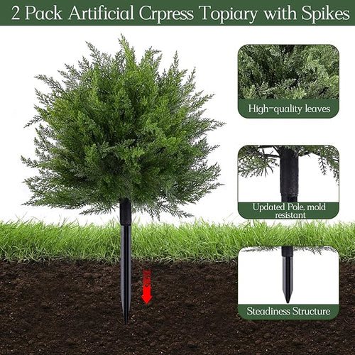 23.6" Artificial Cypress Topiary Christmas Tree with Spike, 2 Pack Faux Cedar Bushes UV Resistant Fake Shrubs for Front Porch Winter Decor (Cedar Topiary Ball Trees)