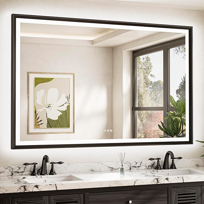 TETOTE 60x40 LED Bathroom Mirror with Lights Black Frame Frontlit & Backlit Lighted Vanity Mirror Baroque Anti Fog Dimmable White/Warm/Natural,CRI90+,Waterproof,Wall Mounted(Horizontal/Vertical)