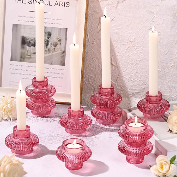 Pink Candlestick Holders Set of 10, Pink Glass Candle Holders for Pillar Candles, Taper Candle and Tealight Candles, Taper Candle Holders for Wedding, Table Centerpiece
