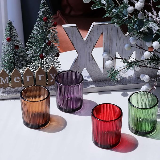 VOHO 24pcs Multicolor Tealight Candle Holder, Vintage Ribbed Tea Light Candle Holder Glass for Room Decor, 4 Color Votive Candle Holders for Table Centerpiece(Green/Red/Purple/Amber)