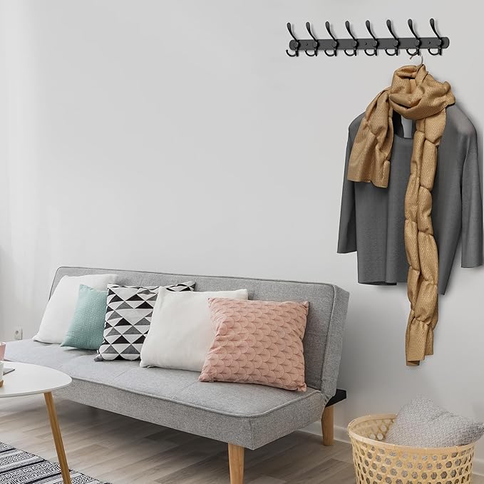 Coat Rack Wall Mount with 8 Tri Hooks, Stainless Steel 24 Inch – Black Matte Finish, Heavy Duty Wall Mounted Hook Rack for Coats, Hats, Towels, Scarfs, Robes, Bags, Entryway & Bathroom - 2 Pack