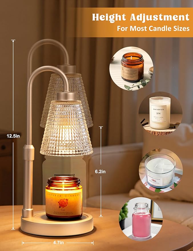 Innqoo Champagne Gold Candle Warmer Lamp with Timer, Dimmable Candle Warmer for Home Decor, Height Adjustable Candle Lamp for Jar Candles, Birthday Gifts for Women Mom, House Warming Gifts New Home