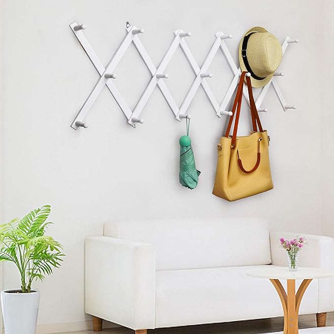 WEBI Accordion Wall Hanger,Expandable Wooden Hat Rack for Wall Mounted Coat Rack,Accordion Hat Hooks Holder for Baseball Caps,17 Peg Hooks,White,2 Packs