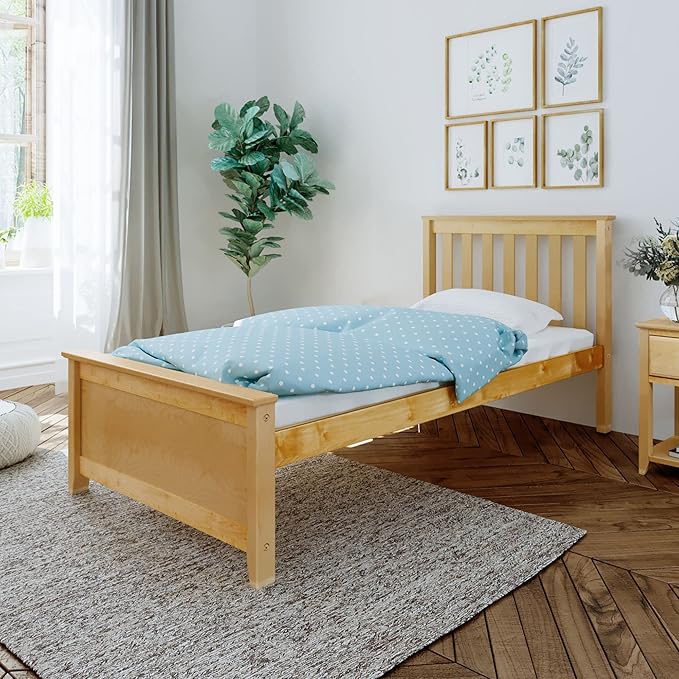 Max & Lily Twin Bed Frame with Slatted Headboard, Solid Wood Platform Bed for Kids, No Box Spring Needed, Easy Assembly, Natural
