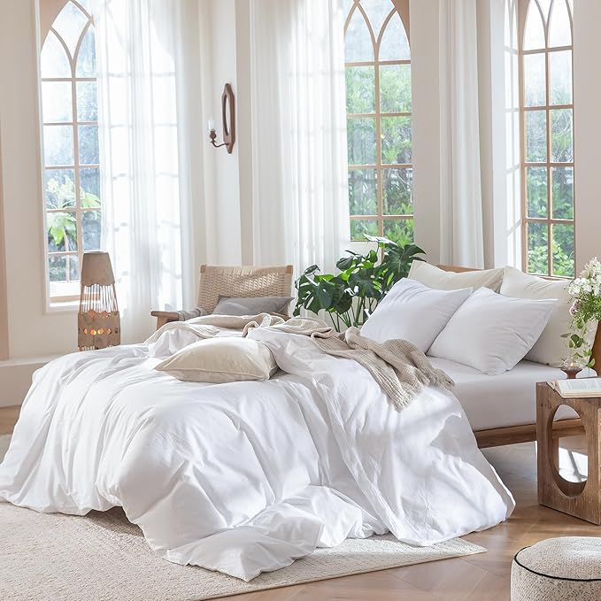 MooMee Bedding Duvet Cover Set 100% Washed Cotton Linen Like Textured Breathable Durable Soft Comfy (Solid Bright White, Oversized King Plus 128"x120")