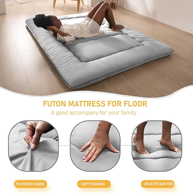 MAXYOYO Japanese Floor Mattress Futon Mattress, Thicken Tatami Mat Sleeping Pad Foldable Roll Up Mattress Boys Girls Dormitory Mattress Pad Kids Floor Lounger Bed Couches and Sofas, Grey, King