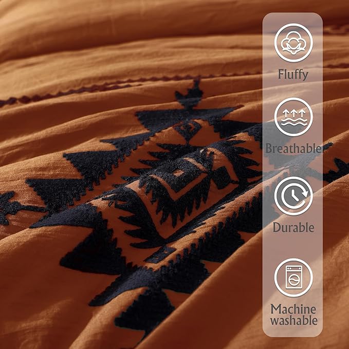 MaiRêve Burnt Orange Embroidery Comforter Set King Size - 7 Pieces, Farmhouse Western Bedding Sets All Season, Boho Bed in A Bag King with Sheets, Comforters, Pillowcases & Shams