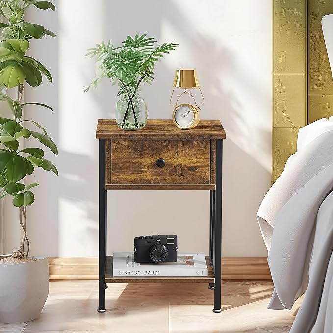 VECELO Nightstands Set of 2, Modern Bedside End Tables, Night Stands with Drawer and Storage Shelf for Living Room Bedroom, Industrial Metal Frame