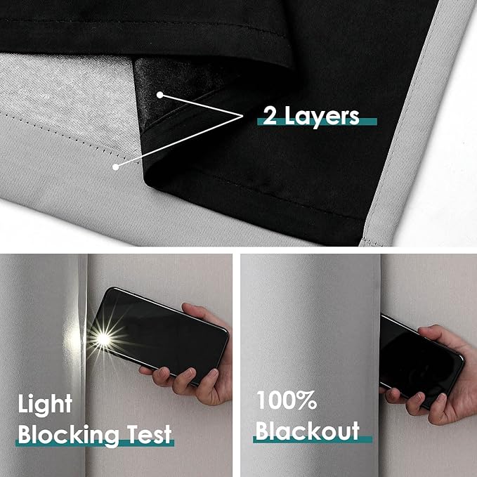 ChrisDowa 100% Blackout Curtains for Bedroom with Black Liner, 2 Thick Layers Total Blackout Thermal Insulated Grommet Small Window Curtains 54 Inch Length 2 Panels Set (Light Grey, 42 x 54 Inch)