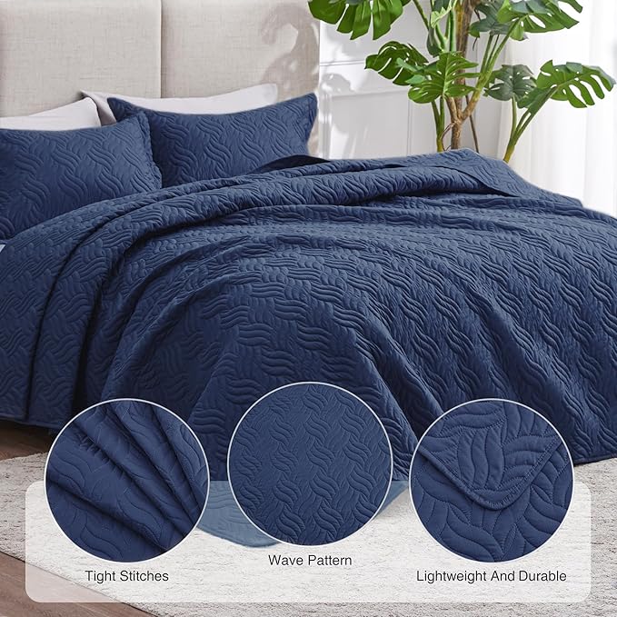 Love's cabin California King Size Quilt Bedding Set Navy Bedspread - Cal King Summer Lightweight Bedspread Comforter - Wave Pattern Coverlet for All Season - 3 Pieces (1 Quilt, 2 Pillow Shams)