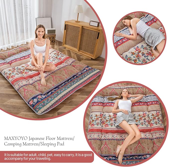 MAXYOYO Bohemian Retro Floor Mattress Vintage Floral Japanese Futon Mattress Roll Up Thicken Sleeping Bed Portable Camping Mattress Floor Lounger Couch Bed Mattress Pad Queen