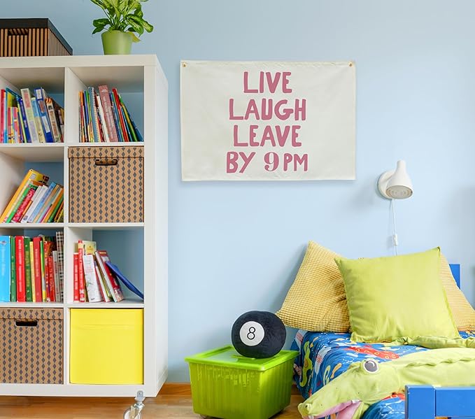 Boho Rectangular Canvas Banner-Flag Wall Sign Art Decor for Teen Friends Neighbor,Home Living Room Restaurant Dorm Playroom Front Door Inside Decor-Birthday Christmas Gift-Live Laugh Leave By 9PM