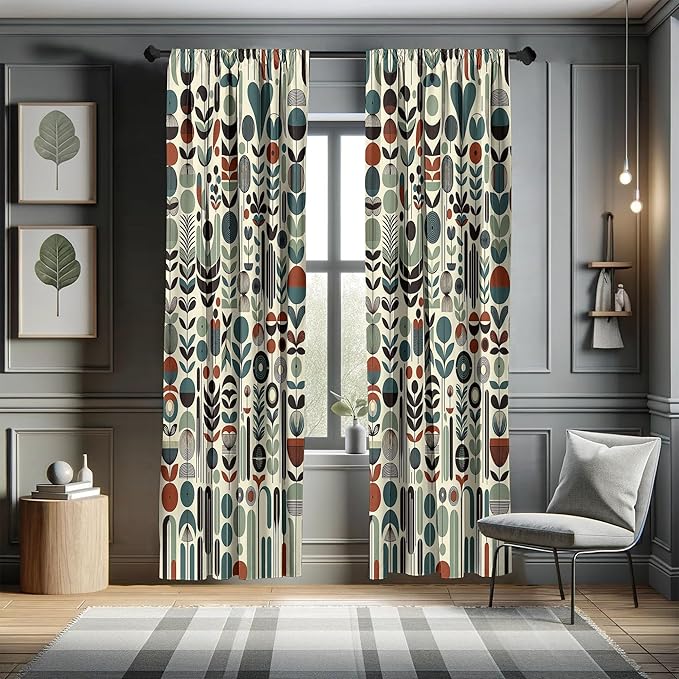 Ambesonne Leafy Art Window Curtains Pack of 2, Scandinavian Leaves Pattern with Geometric Roundy Modern Boho Print, Lightweight Set with Rod Pocket, 4 Panels of - 28" x 63", Pale Green Redwood Teal