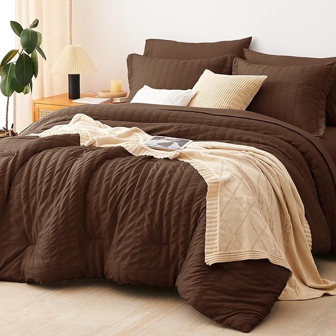 CozyLux King Size Comforter Set Brown Seersucker 7 Pieces Bed in a Bag King Comforter Set with Sheets, Luxury Soft Bedding Set with Down Alternative Comforter, Sheets, Pillowcases & Shams All Seasons