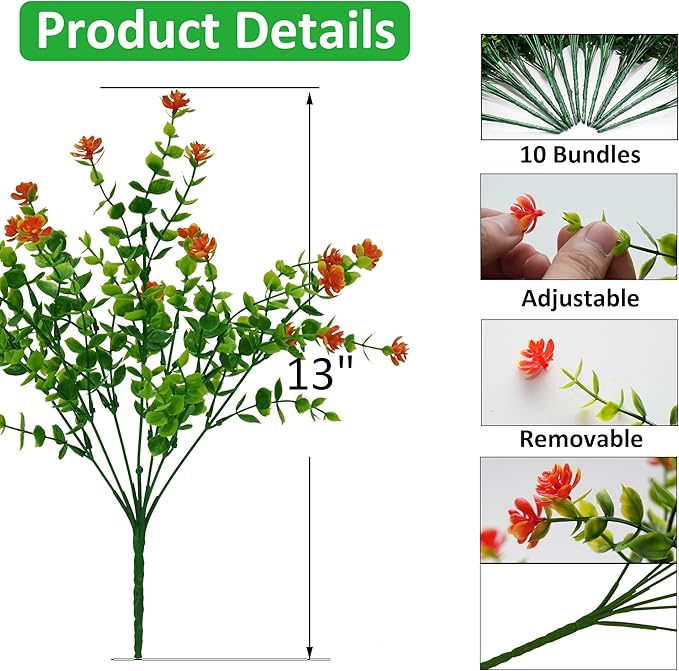 Artificial Mums Fall Flowers for Outdoors Fake Plants, 16 Bundles Faux Eucalyptus Flower Plants UV Resistant No Fade Faux Shrubs Home Garden Thanksgiving Porch Patio Autumn Decoration