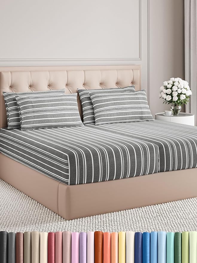 Split King 7 Piece Sheet Set - Comfy Breathable & Cooling - Soft Hotel Luxury Bedding Set w/ 8-16 Inch Deep Pockets - 1 Flat & 2 Fitted Sheet & 4 Pillowcases - Cozy and Wrinkle Free - Grey Stripes 3