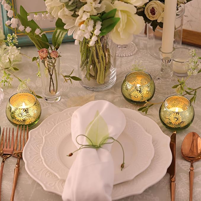 Green Mercury Glass Votive Candle Holders Set of 12, Round Tealight Candle Holders Bulk for Table Centerpieces, Weddings, Shower Gifts, Christmas, Halloween Party Decorations