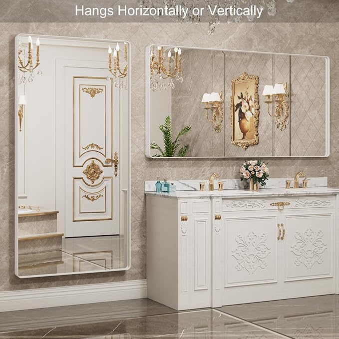 LOAAO 72x32 Inch White Metal Framed Bathroom Mirror for Wall, White Bathroom Vanity Mirror Farmhouse, Large Rounded Rectangle Mirror, Anti-Rust, Tempered Glass, Hangs Horizontally or Vertically