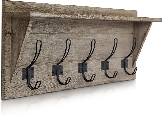 HBCY Creations Rustic Wall Mounted Coat Rack with Shelf - Solid Wood 24" Entryway Shelf with 5 Coat Hangers. Perfect Touch for Your Entryway, Mudroom, Kitchen, Bathroom and More, Weathered Brown