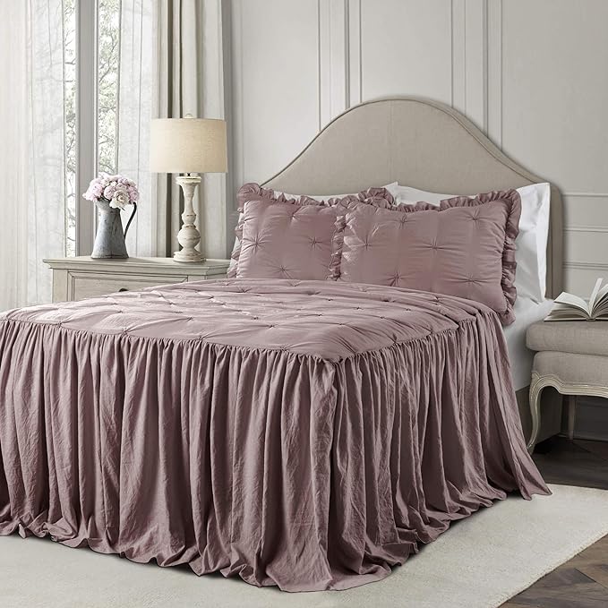 Lush Decor Ravello Pintuck Ruffle Skirt Bedspread Set - Luxe 3 Piece Ruffled Bedding Set - Traditional Glam & Farmhouse Inspired Bedroom Decor - Queen, Woodrose