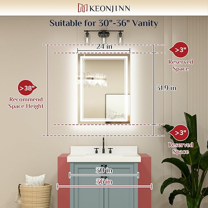 Keonjinn LED Bathroom Mirror 24" x 32" with Frontlit and Backlit, Stepless 3 Colors Temperature & Dimmable Vanity Mirror with Light, Double LED Strips, Tempered Glass Wall Mirror, UL Listed LED Driver
