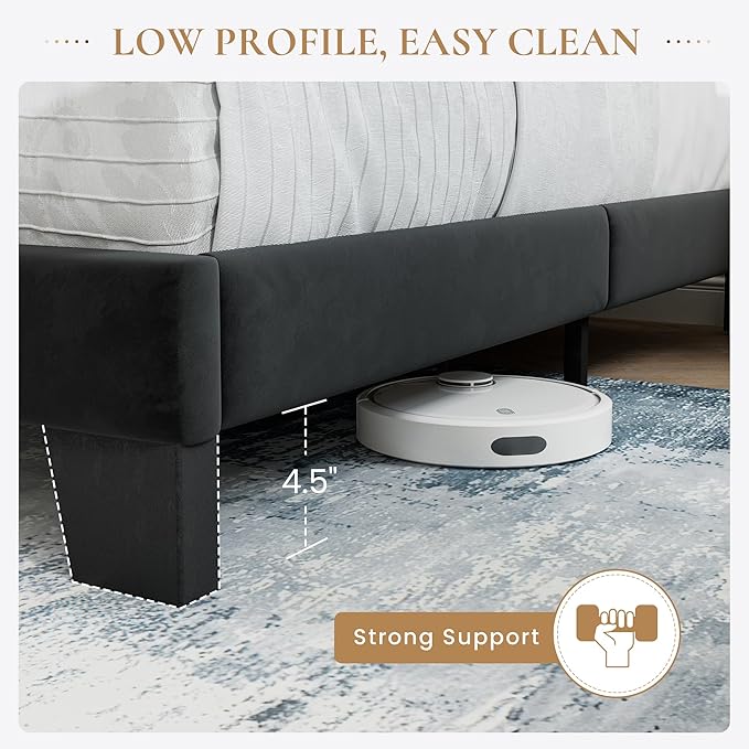 SHA CERLIN Full Platform Bed Frame with Velvet Upholstered Headboard, Mattress Foundation with Strong Wooden Slats Support, No Box Spring Needed, Black