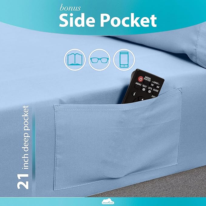 DREAMCARE Twin XL Sheet Sets – 3pcs Cooling Sheets – up to 21” Extra Deep Pocket Twin XL Sheets Set – Hotel Luxury Sheets & Pillowcases – Superior Softness 100% Fine Microfiber with Side Pocket – Blue
