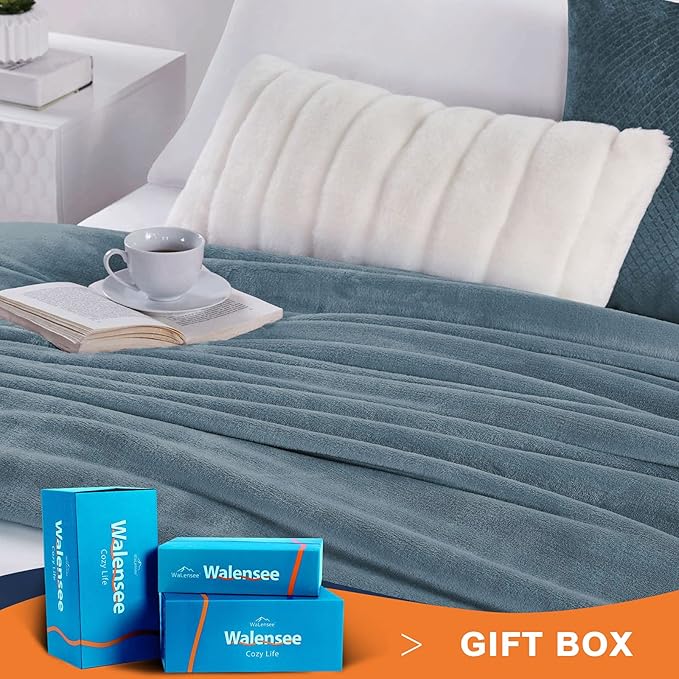 Walensee Fleece Blanket Plush Throw Fuzzy Lightweight (Throw Size 50x60 Washed Blue/Slate Blue/Grey Blue) Super Soft Microfiber Flannel Blankets for Couch, Bed, Sofa Warm and Cozy for All Seasons