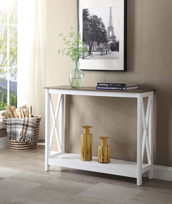 Convenience Concepts Oxford Console Table 39.5" - Sofa Table with Storage Shelf, Transitional Entryway Hall Table for Living Room and Bedroom, Display Foyer Table, Driftwood/White