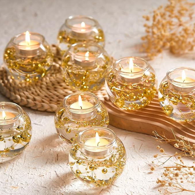 8 Pcs Glass Clear Votive Floating Candle Holders with 8 Pcs Bright Pearl String Beads, Tealight Bowl Candle Holder Bulk for Wedding Centerpiece Home Bridal Shower Party Decor (Gold)