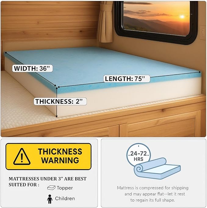 Foamma 2” x 36” x 75” Truck, Camper, RV Travel Visco Gel Memory Foam Bunk Mattress Topper, Made in USA, Comfortable, Travel Trailer, CertiPUR-US Certified, Cover Not Included