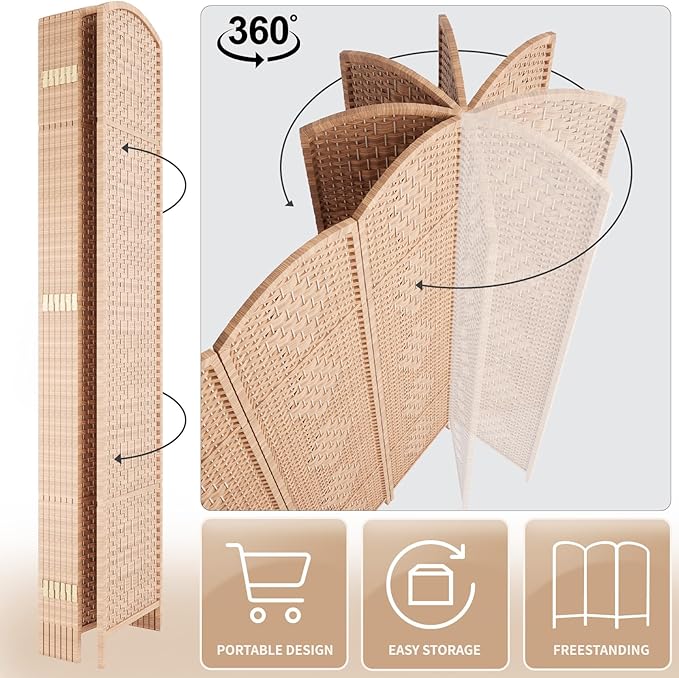 Rose Home Fashion 6 ft Tall Room Divider, Room Dividers and Folding Privacy Screens, 15.7in Privacy Screen 4 Panel Partition Temporary Wall Separation for Private, Natural