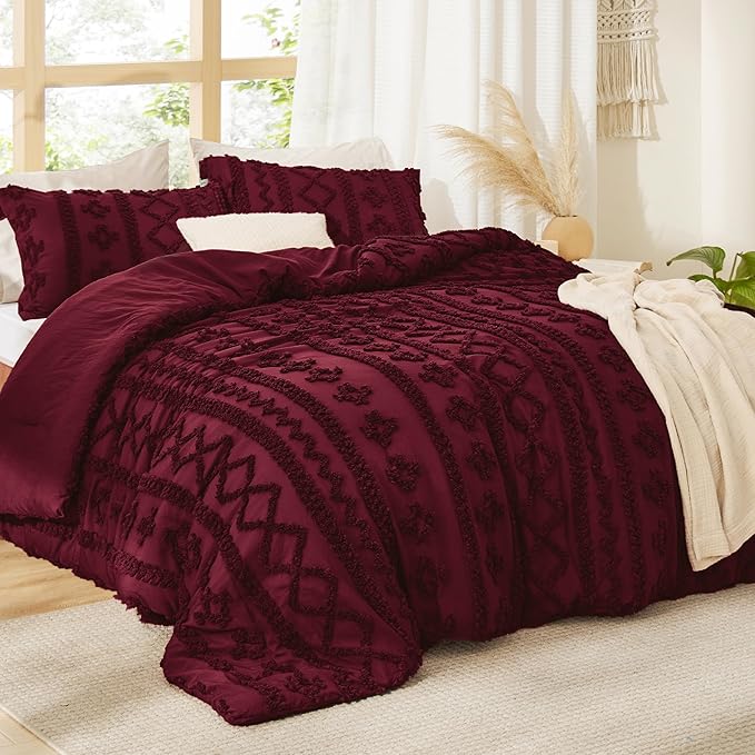Bedsure Tufted Boho Comforter Set Queen Size - Dark Red Boho Bed Set, GentleSoft™ 3 Pieces Farmhouse Shabby Chic Embroidery Bedding, Gifts for Woman, Soft Jacquard Queen Comforter for All Seasons