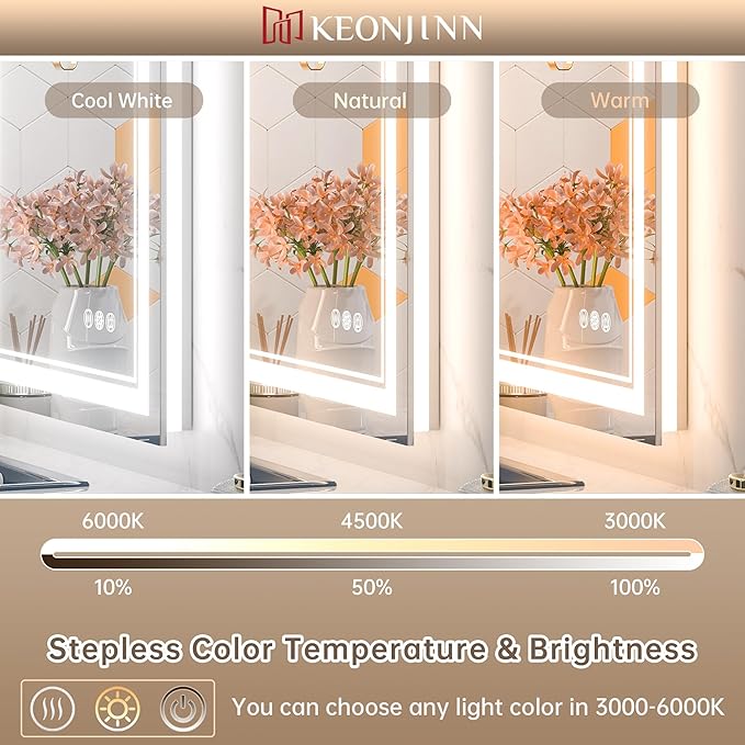 Keonjinn LED Bathroom Mirror with lights, 55" x 30" with Frontlit and Backlit, Stepless 3 Colors Temperature & Dimmable Large Tempered Glass Mirror, UL Listed LED Driver Double LED Strip Vanity Mirror