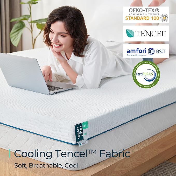 LINSY LIVING 4 Inches Full Memory Foam Mattress Topper, Cooling Gel-Infused Swirl Memory Foam, Soft Bed Topper with Tencel™ Cover, CertiPUR-US and Oeko-TEX Certified, 74" L * 53" W * 4" H