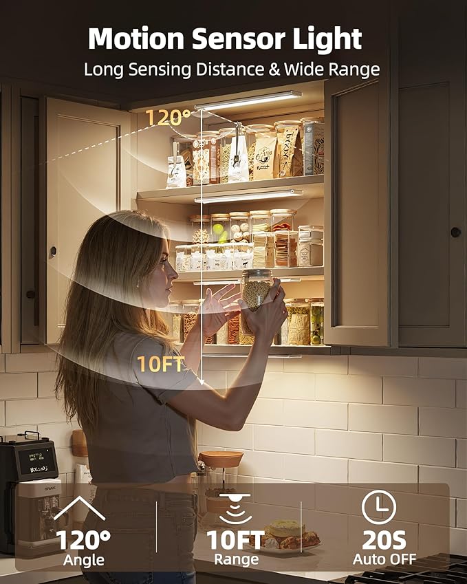 Under Cabinet Lighting Wireless,Rechargeable Battery Motion Sensor Light Indoor,LED Closet Lights USB Charging,3 Color Dimmable Under Cabinet Lights for Kitchen, Cabinet, Wardrobe (3 Pcs) 16inch