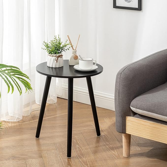 Apicizon Round Side Table Set of 2, Black Nightstand Coffee End Table for Living Room, Bedroom, Small Spaces, Morden Side Table Home Decor Bedside with Wood Legs, 16.5 x 20.5 Inches