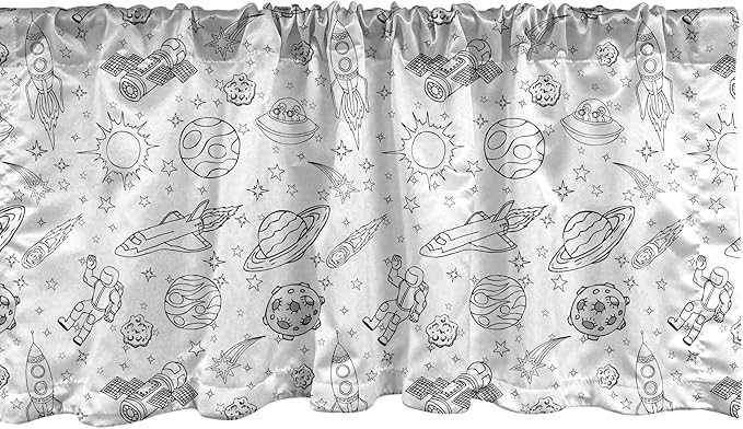 Ambesonne Cartoon Window Valance Pack of 2, Doodle Solar System Astronauts Space Crafts Shooting Stars Science Fiction Theme, Rod Pocket Curtain Valances for Kitchen Bedroom, 54" X 12", White Black