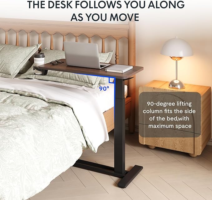 FLEXISPOT Medical Adjustable Overbed Bedside Table with Wheels Pneumatic Mobile Standing Desk Laptop Desk Rolling Computer Cart Movable Table Hospital Home Use(31.5" W x 17.7" D, Mahogany Large)