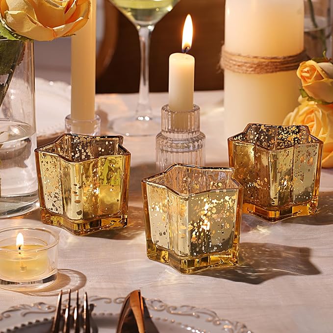 Letine 8pcs Gold Star Candle Holders Set - Elegant Tea Light & Votive Holders for Diwali, Weddings, Fall Decor - Mercury Glass Star Jars with Celestial Glow(2.44" Height)