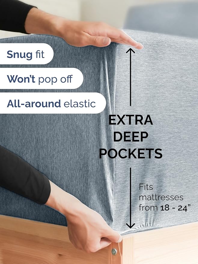 Extra Deep Queen Sheet Set - 6 Piece Breathable and Cooling Sheets - Hotel Luxury Bed Sheets Set - Easy Fit - Soft, Wrinkle Free and Comfy Sheets Set - Heathered Blue Sheet Set with Extra Deep Pockets