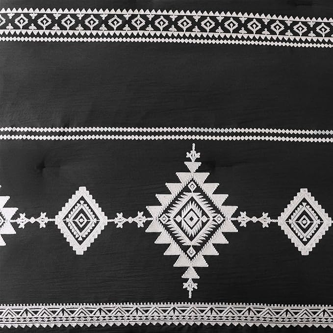 MaiRêve Embroidery Full Size Comforter Set Black, Farmhouse Western Boho Bedding Set 7 Pieces, All Season Bed in A Bag Comforter Set with Sheets, Pillowcases & Shams