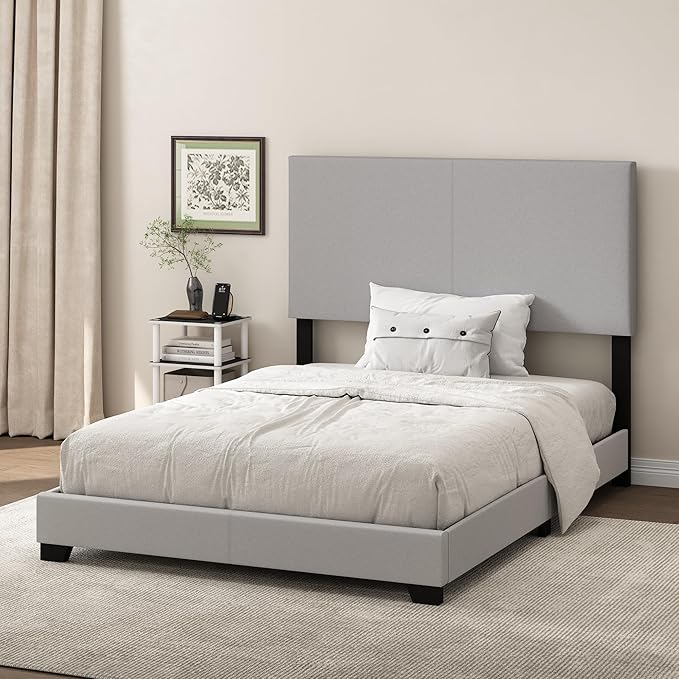 Furinno Pessac Fabric Upholstered Bed Frame with Wooden Slat Support, Full, Glacier