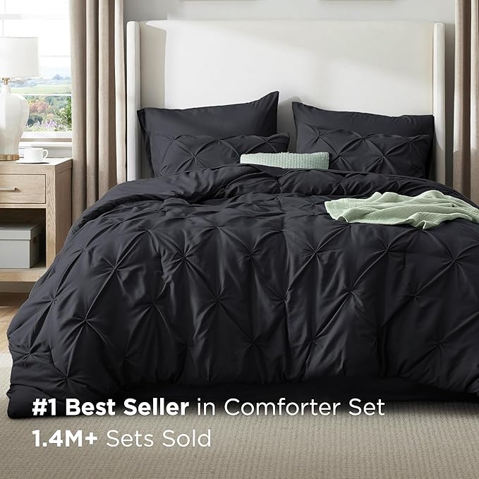 Bedsure King Size Comforter Set Black - Bed in a Bag Bedding Set 7 Pieces, GentleSoft™ Pintuck Bed Set Gift for Family, Pinch Pleat Black Comforter with Sheets, Pillowcases & Shams